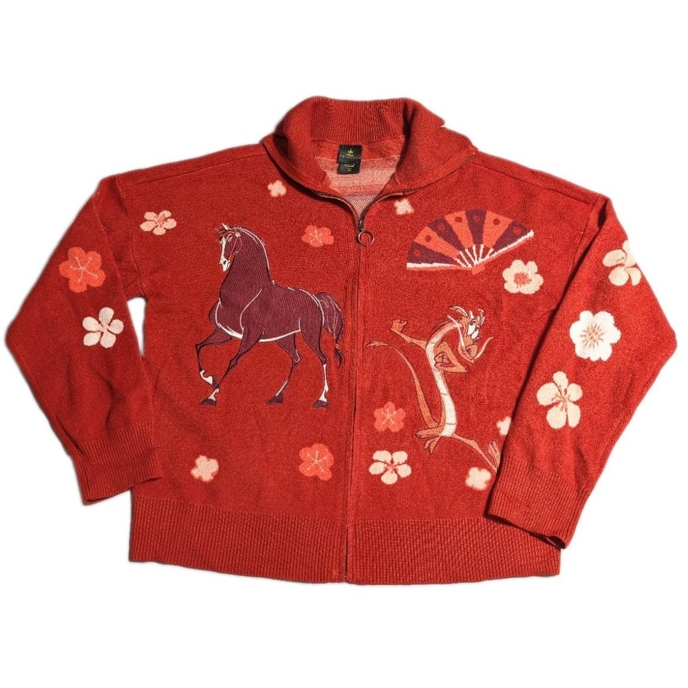 Disney Mulan BoxLunch Sweater Womens 3X Mushu Khan Full Zip Knit Cardigan Red
